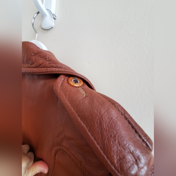 Vintage Cognac Genuine leather jacket fitted long double breasted, w self belt - Picture 9 of 16